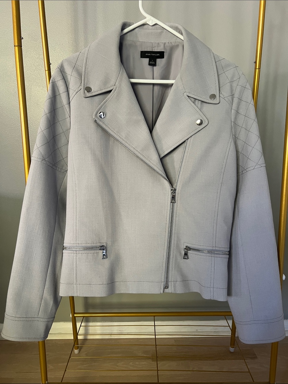 Ann Taylor Light Gray Quilted-Shoulder Moto Jacket